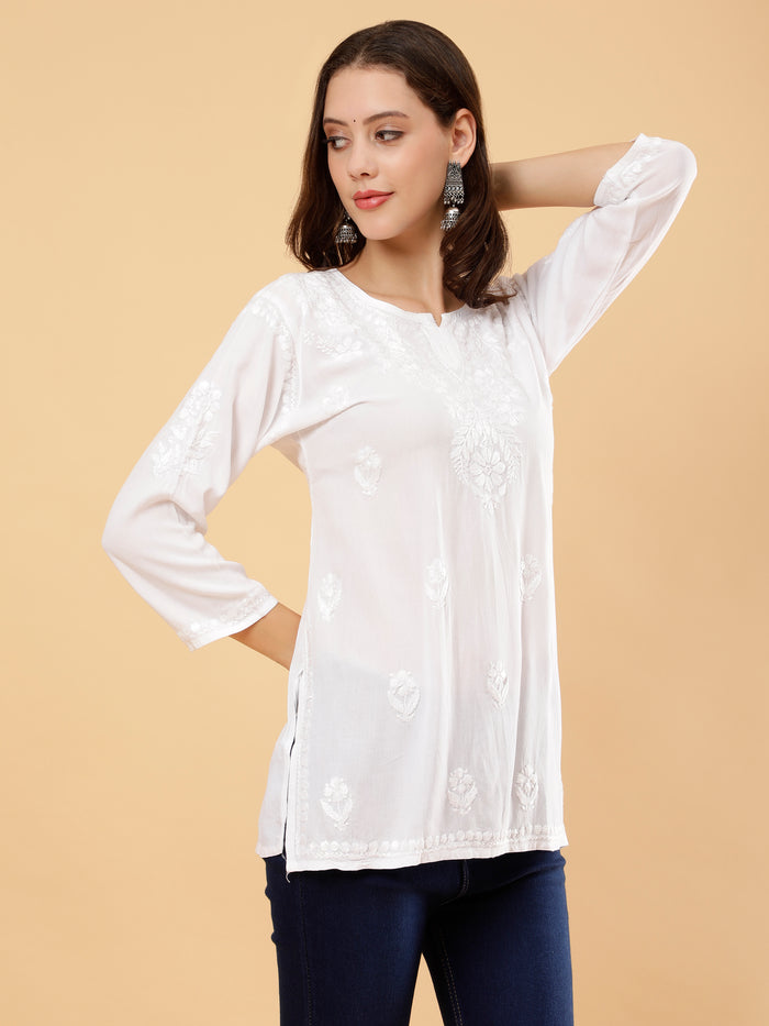 Aditi Rayon Cotton Short Kurti- White