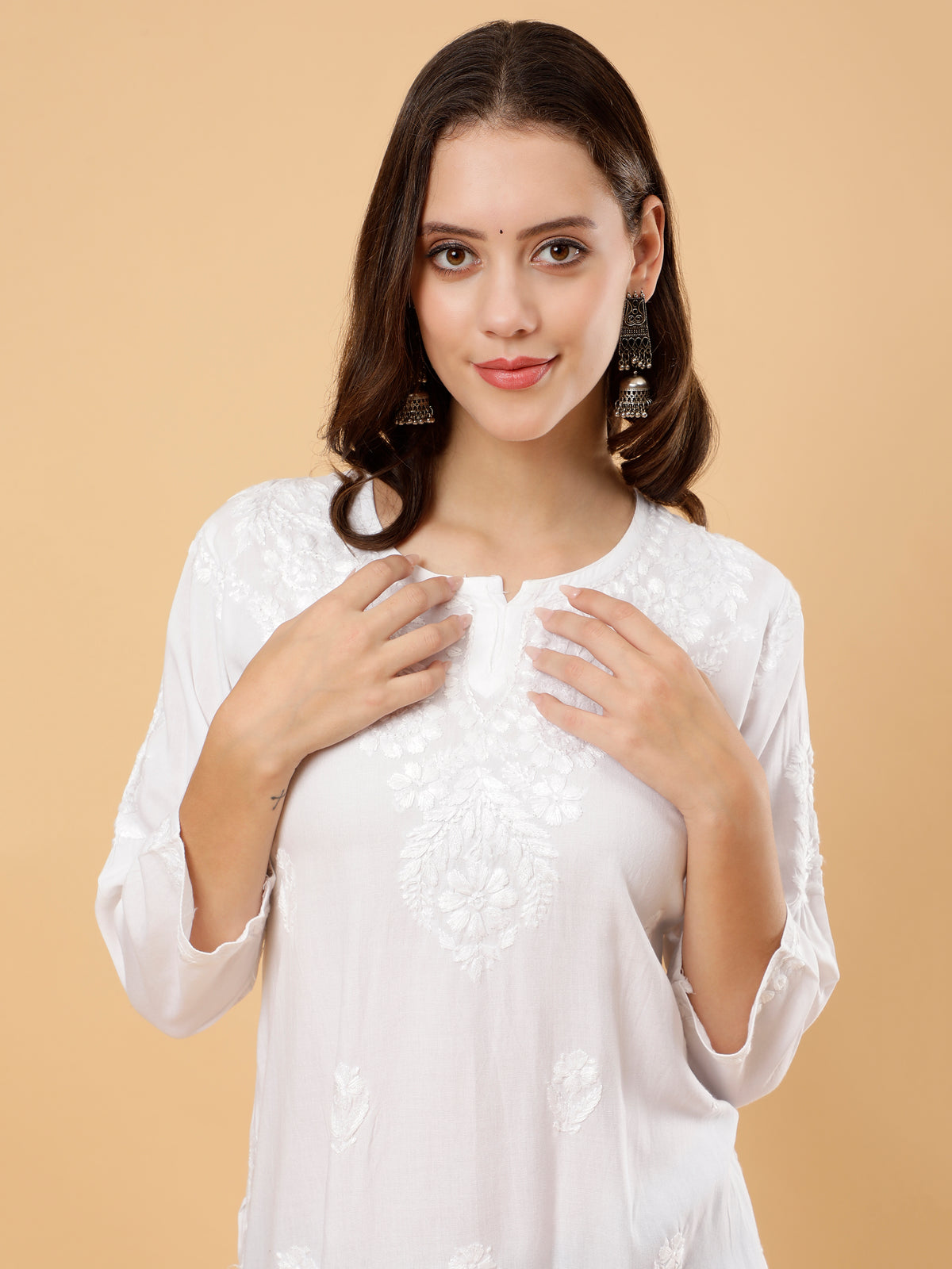 Aditi Rayon Cotton Short Kurti- White