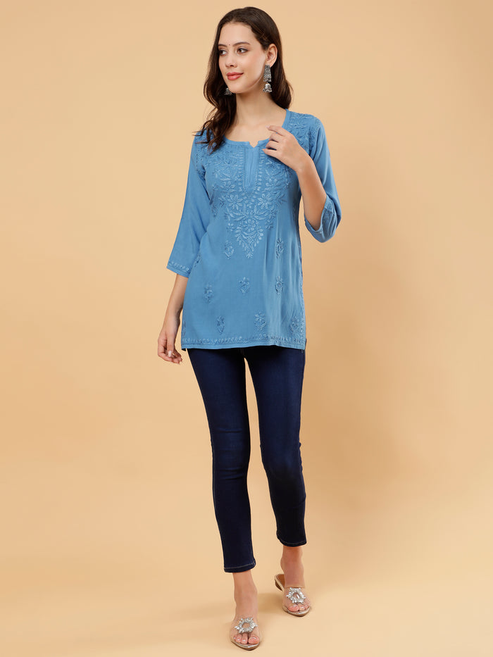 Prisha Rayon Cotton Short Kurti- Blue