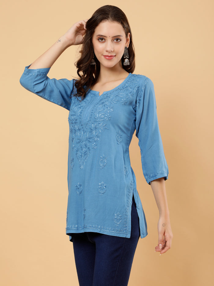 Prisha Rayon Cotton Short Kurti- Blue