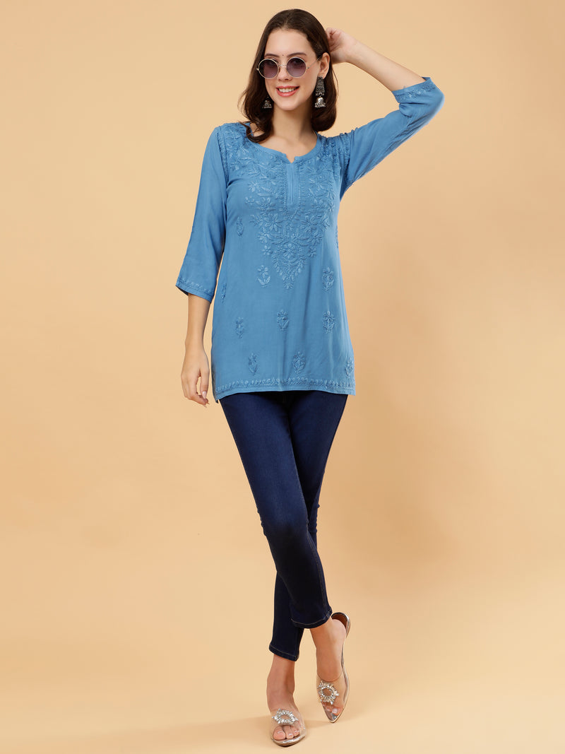 Prisha Rayon Cotton Short Kurti- Blue