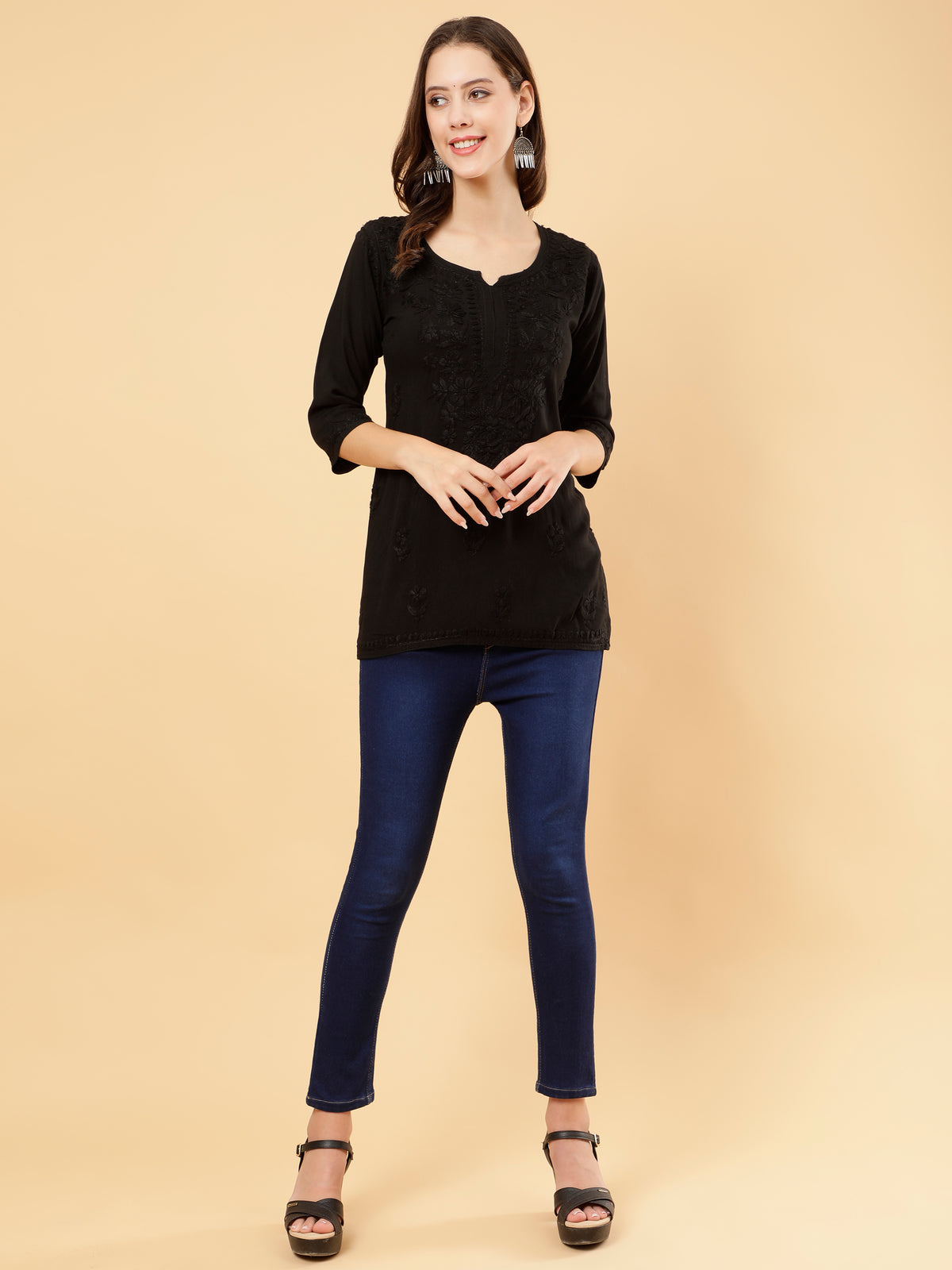 Prisha Rayon Cotton Short Kurti- Black