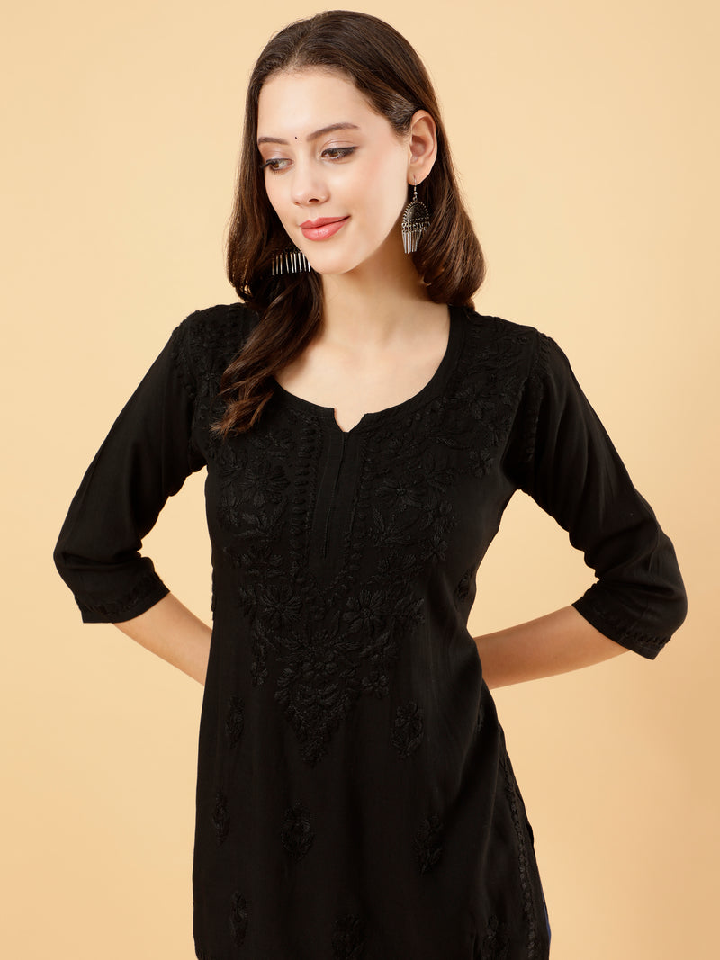 Prisha Rayon Cotton Short Kurti- Black