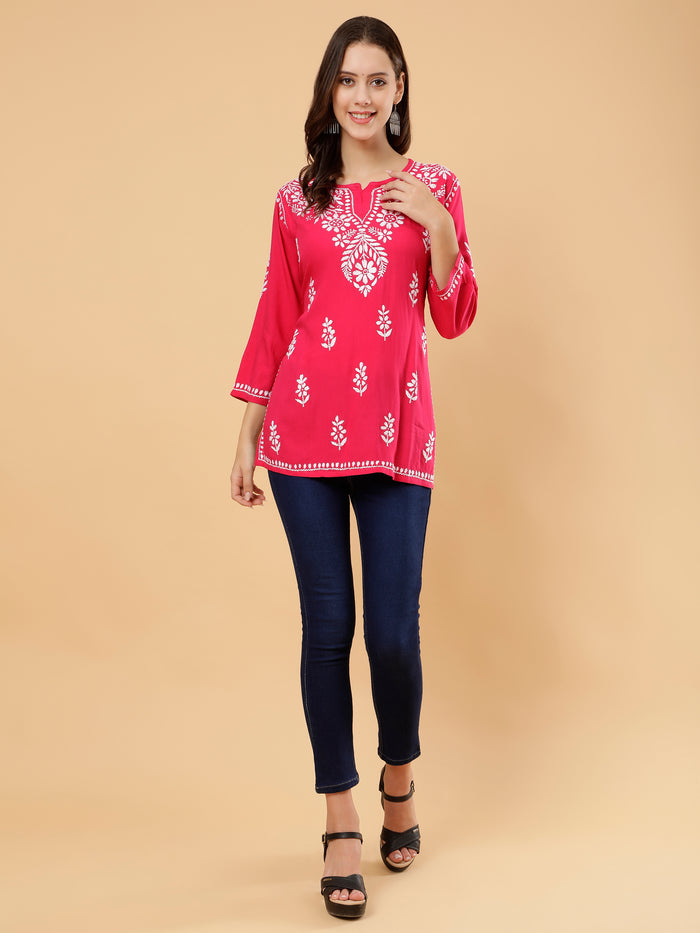 Aditi Rayon Cotton Short Kurti- Pink