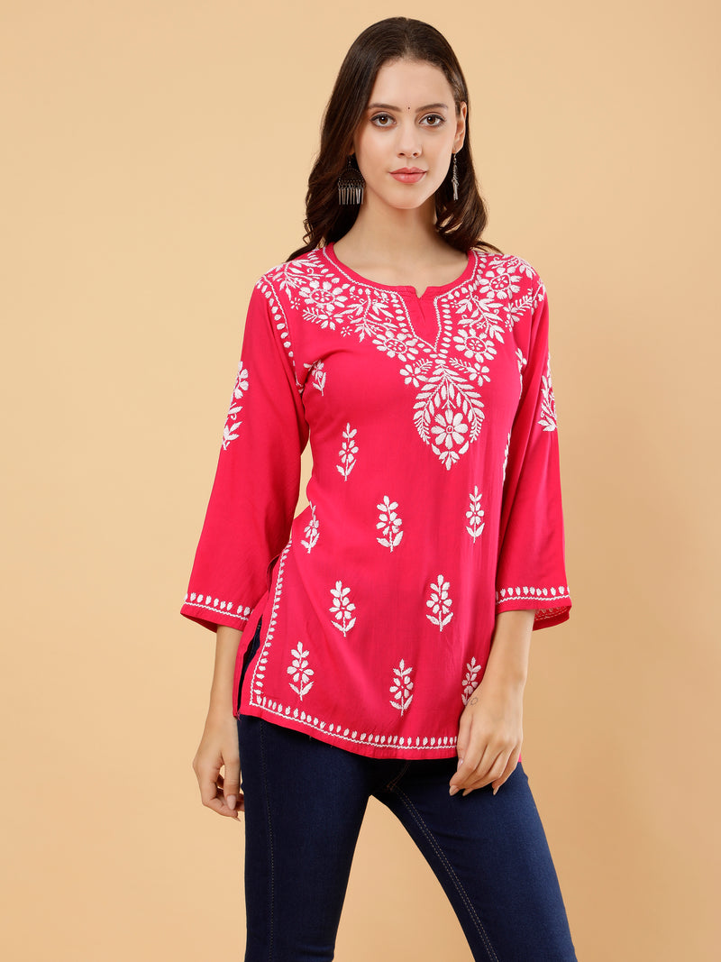 Aditi Rayon Cotton Short Kurti- Pink