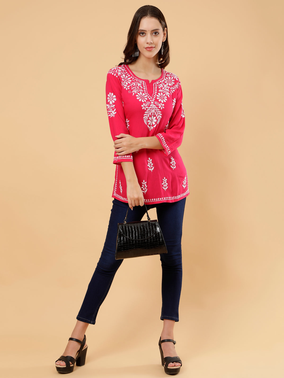 Aditi Rayon Cotton Short Kurti- Pink