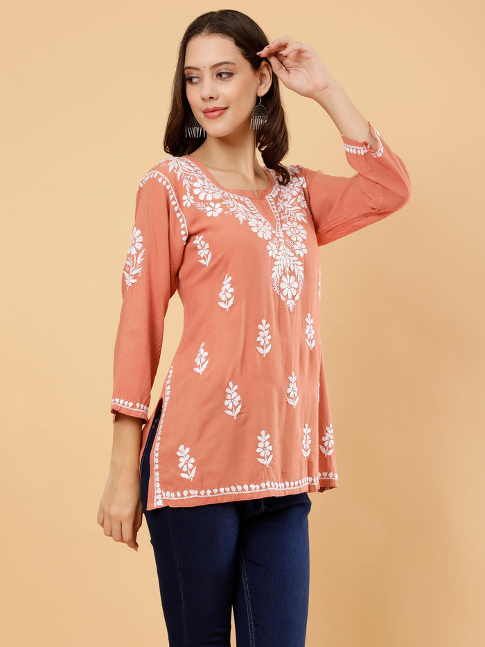 Aditi Rayon Cotton Short Kurti- Rust