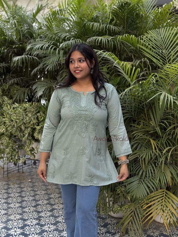 Riya Mulmul Cotton Short Kurti- Green