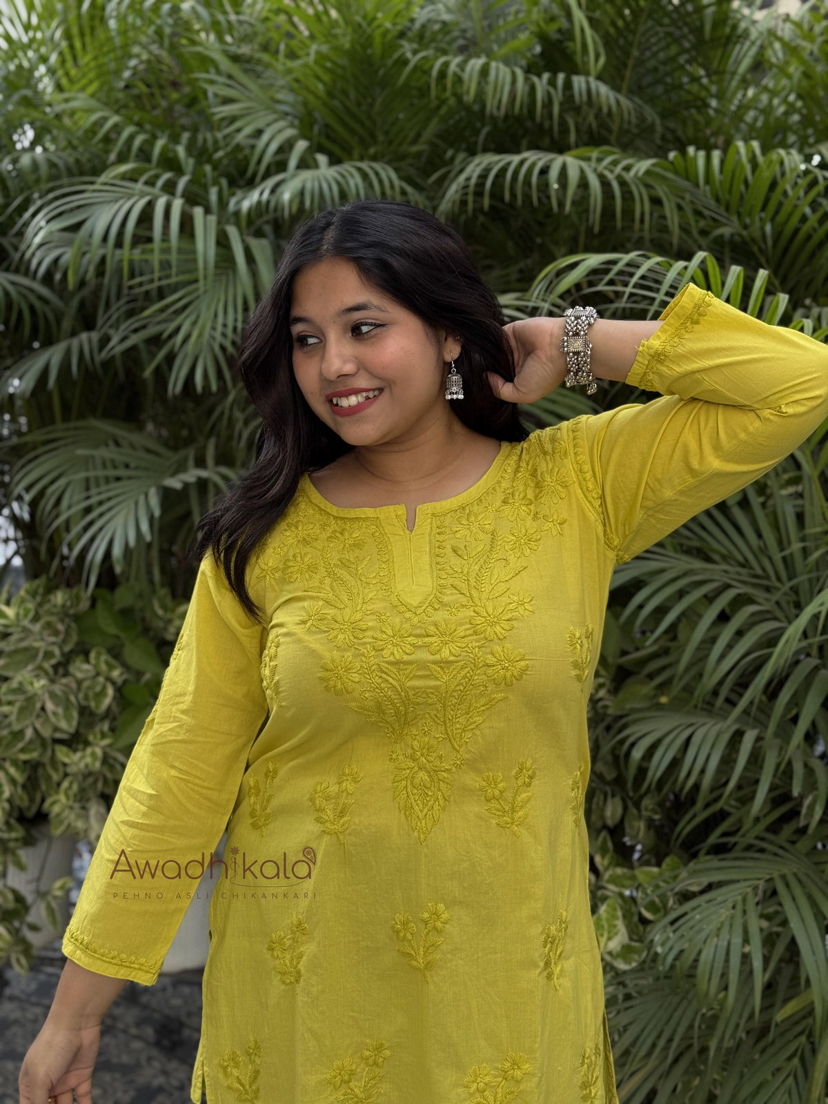Riya Mulmul Cotton Short Kurti- Lemon Green