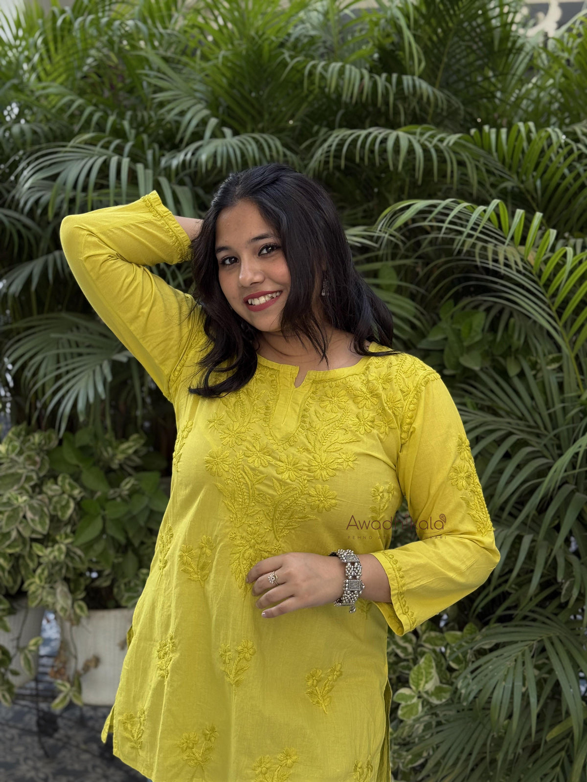 Riya Mulmul Cotton Short Kurti- Lemon Green