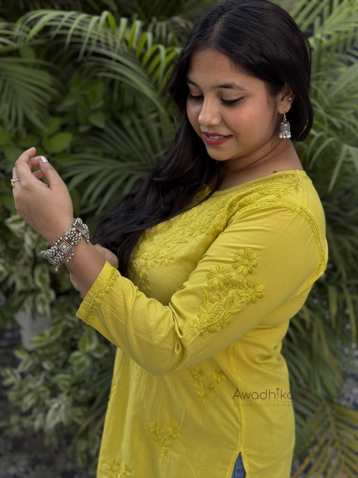 Riya Mulmul Cotton Short Kurti- Lemon Green