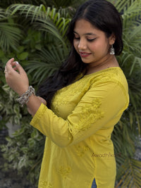 Riya Mulmul Cotton Short Kurti- Lemon Green