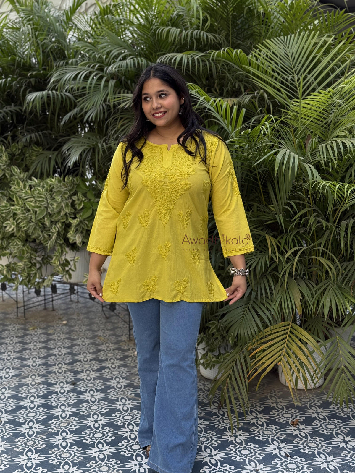 Riya Mulmul Cotton Short Kurti- Lemon Green