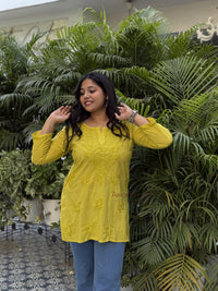 Riya Mulmul Cotton Short Kurti- Lemon Green