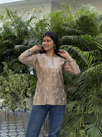 Ira Chanderi Cotton Short Kurti- Beige