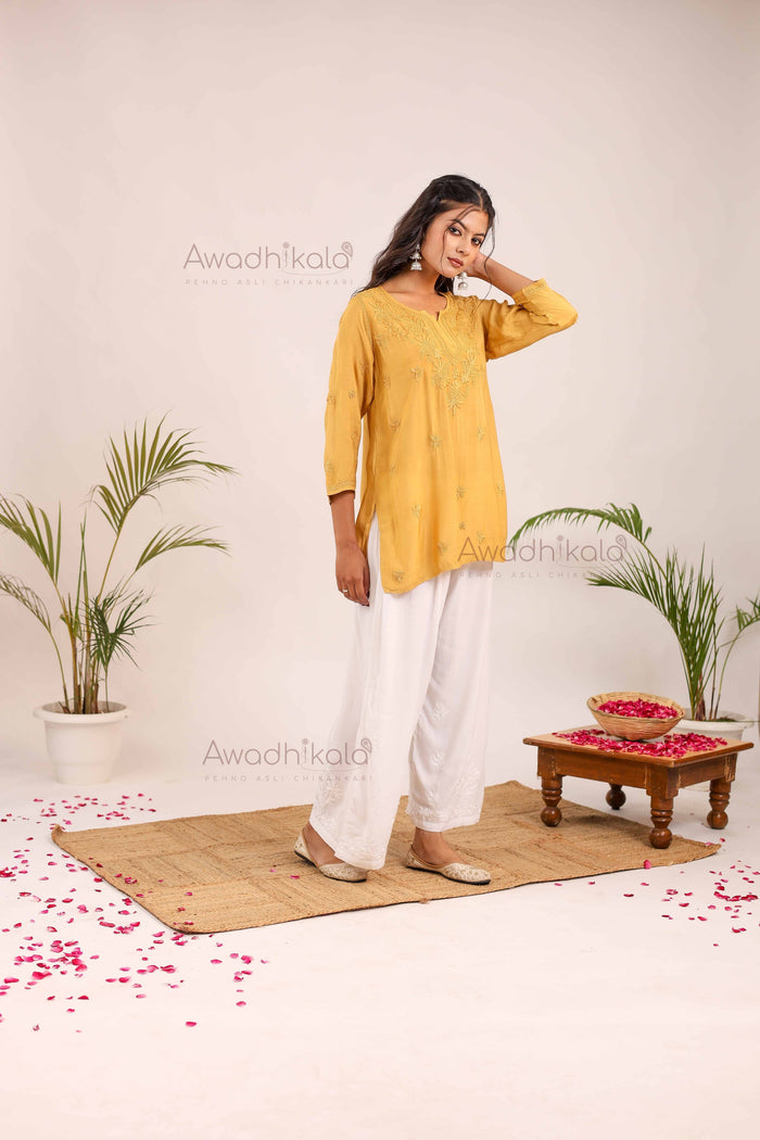 Rhea Muslin Short Kurti- Mustard