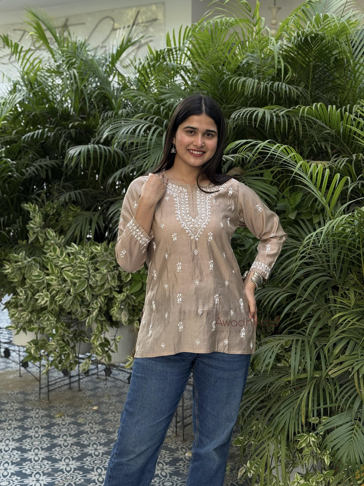 Ira Chanderi Cotton Short Kurti- Beige