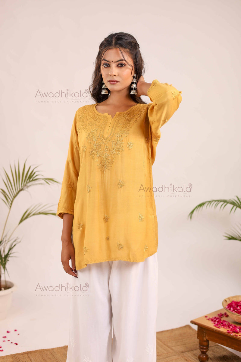 Rhea Muslin Short Kurti- Mustard
