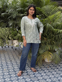 Ira Chanderi Cotton Short Kurti- Green