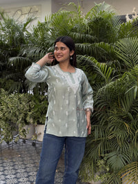 Ira Chanderi Cotton Short Kurti- Green