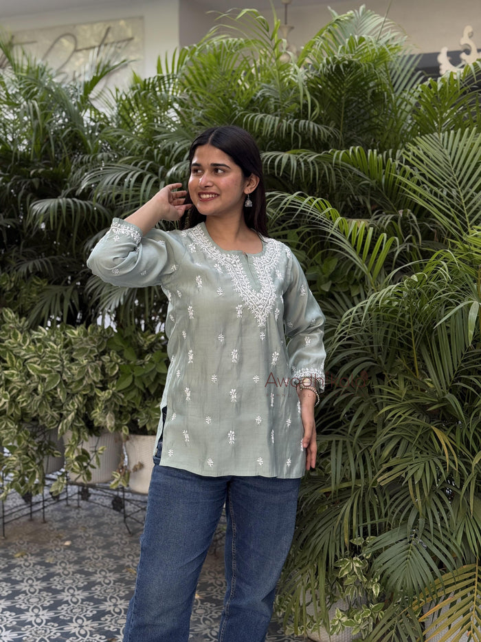 Ira Chanderi Cotton Short Kurti- Green
