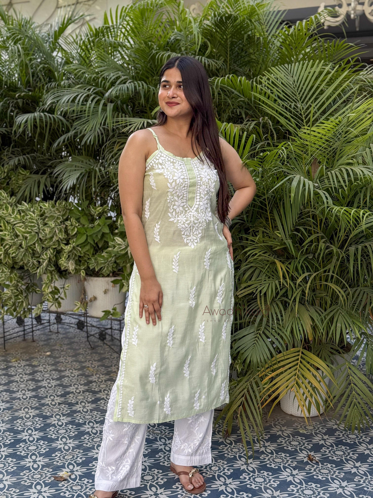 Kiana Chanderi Strap Kurti- Green