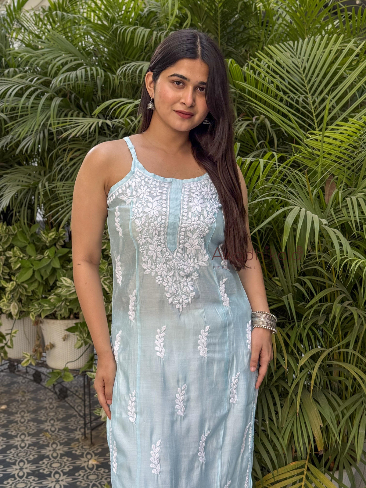 Kiana Chanderi Strap Kurti- Blue