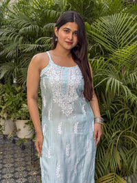 Kiana Chanderi Strap Kurti- Blue