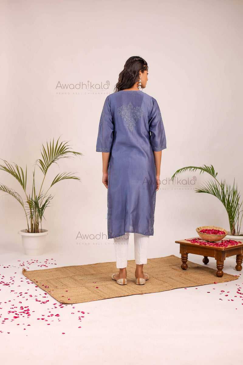 Aashi Pure Chanderi Kurti- Navy Blue