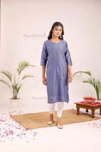 Aashi Pure Chanderi Kurti- Navy Blue