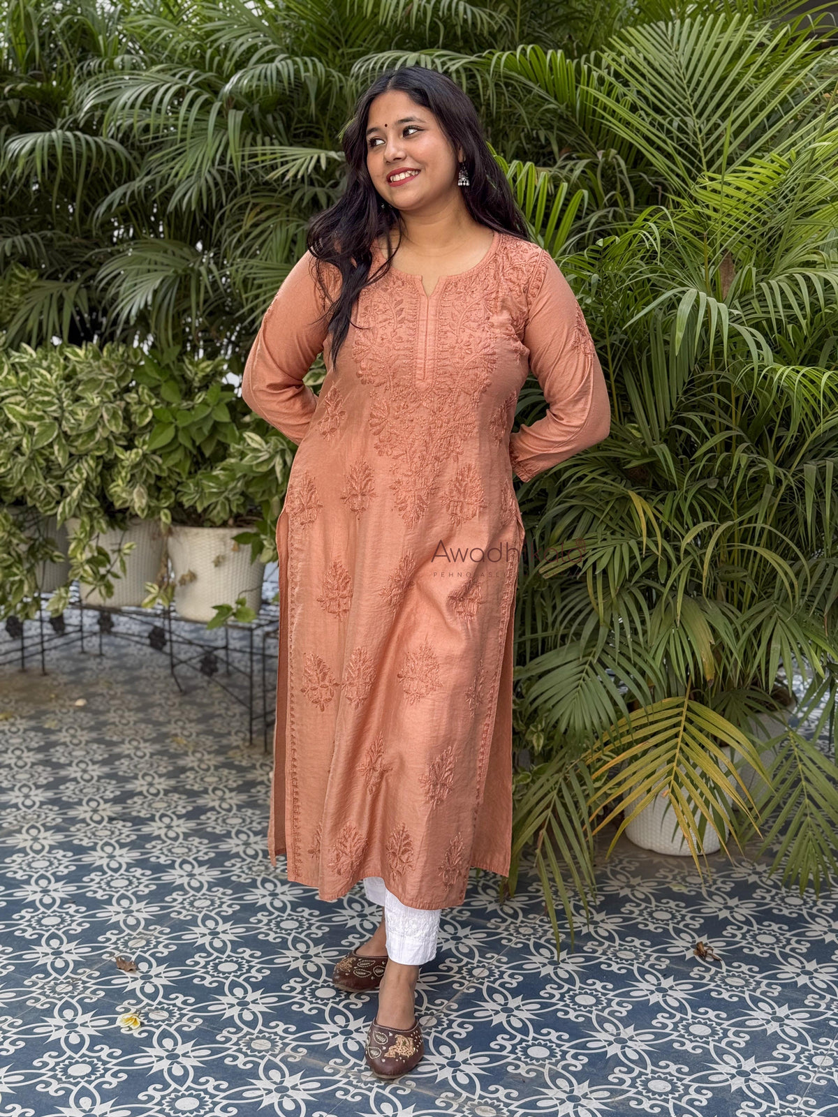 Elina Chanderi Cotton Kurti- Rust