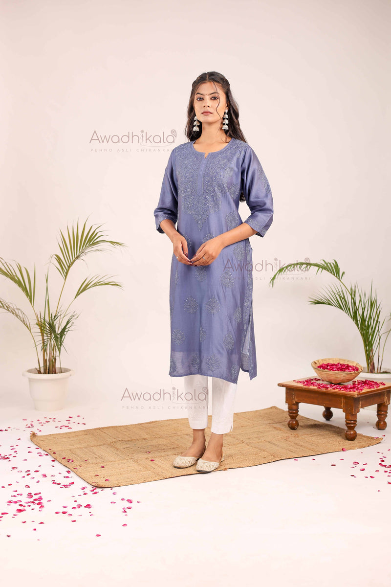 Aashi Pure Chanderi Kurti- Navy Blue