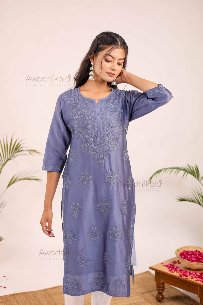Aashi Pure Chanderi Kurti- Navy Blue