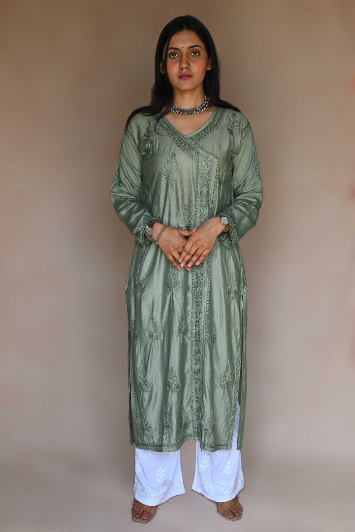 Tara Chanderi Cotton Angarakha Kurti- Green