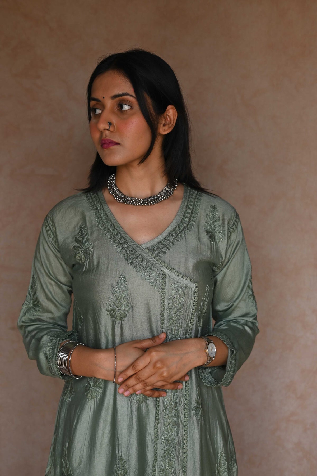 Tara Chanderi Cotton Angarakha Kurti- Green