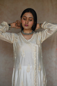 Tara Chanderi Cotton Angarakha Kurti- Cream