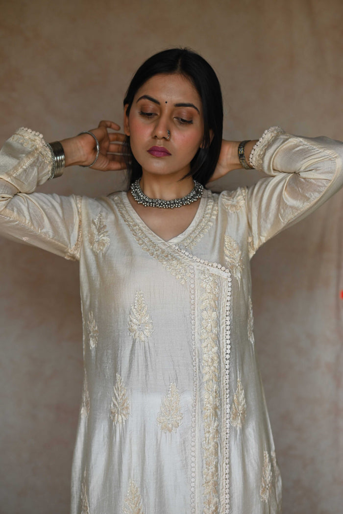 Tara Chanderi Cotton Angarakha Kurti- Cream