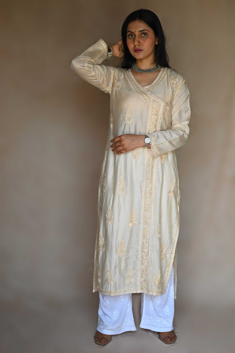 Tara Chanderi Cotton Angarakha Kurti- Cream