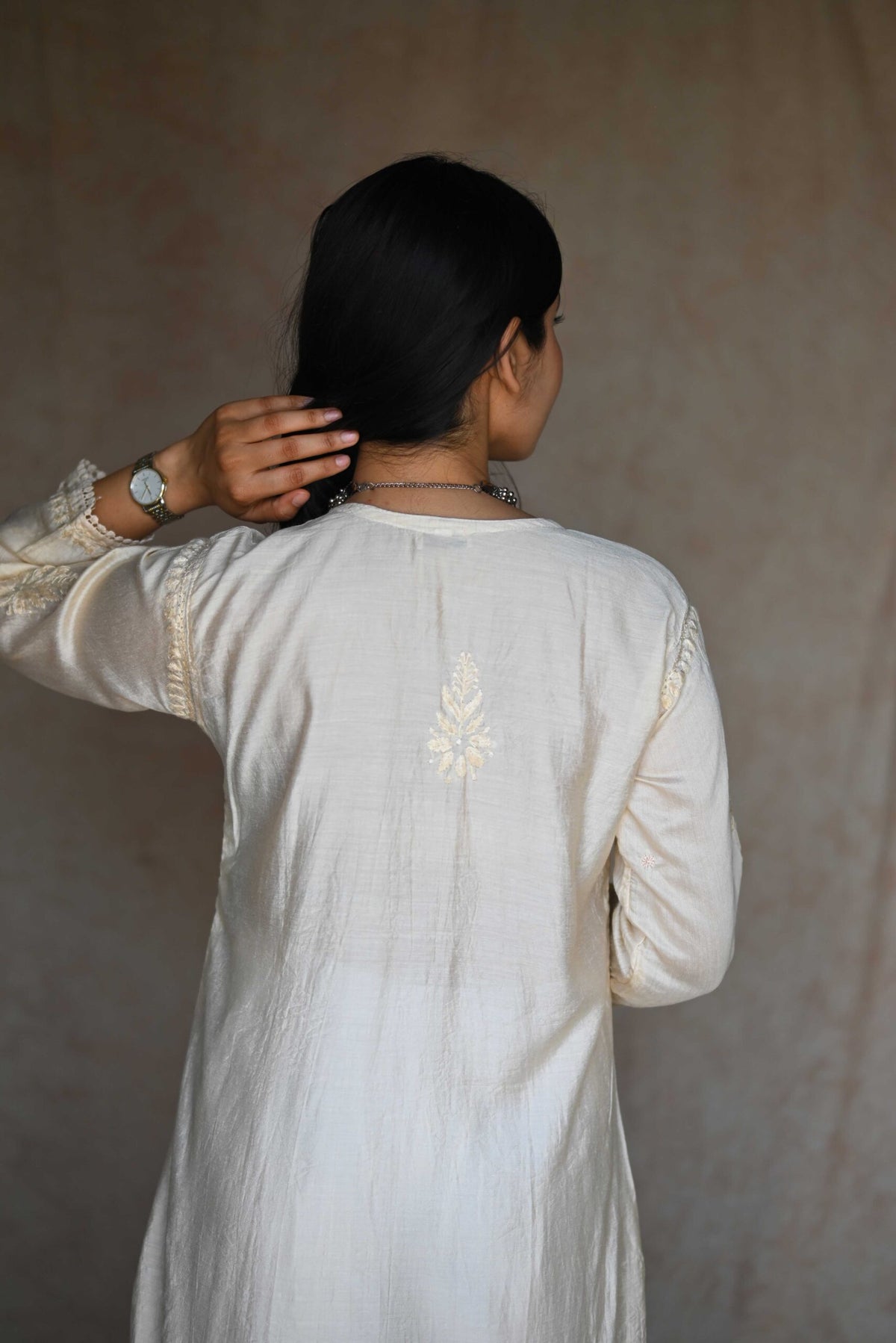 Tara Chanderi Cotton Angarakha Kurti- Cream