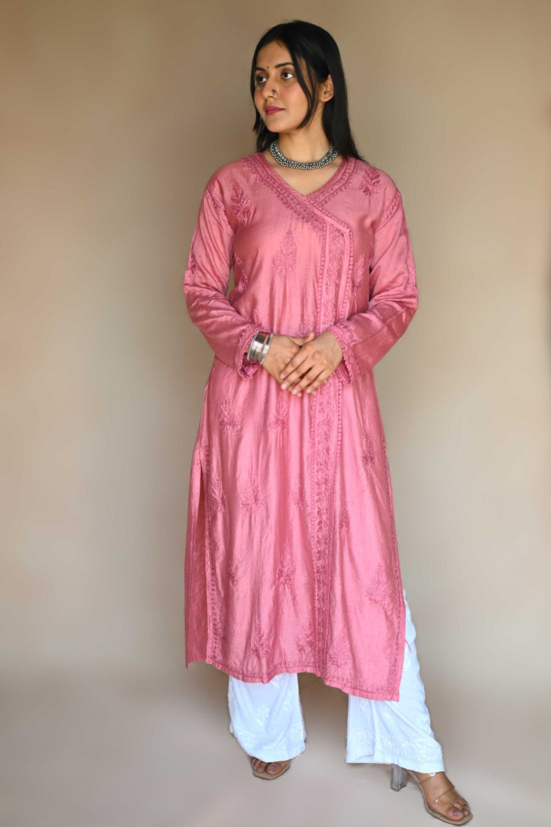 Tara Chanderi Cotton Angarakha Kurti- Pink