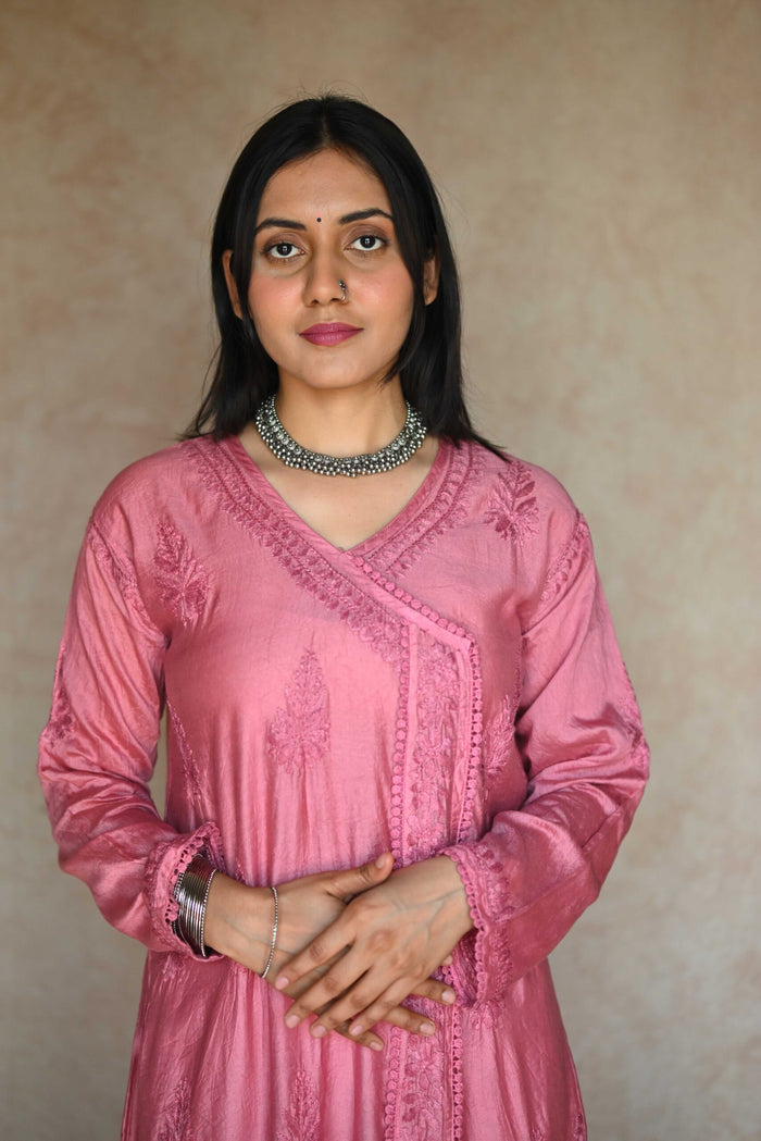 Tara Chanderi Cotton Angarakha Kurti- Pink